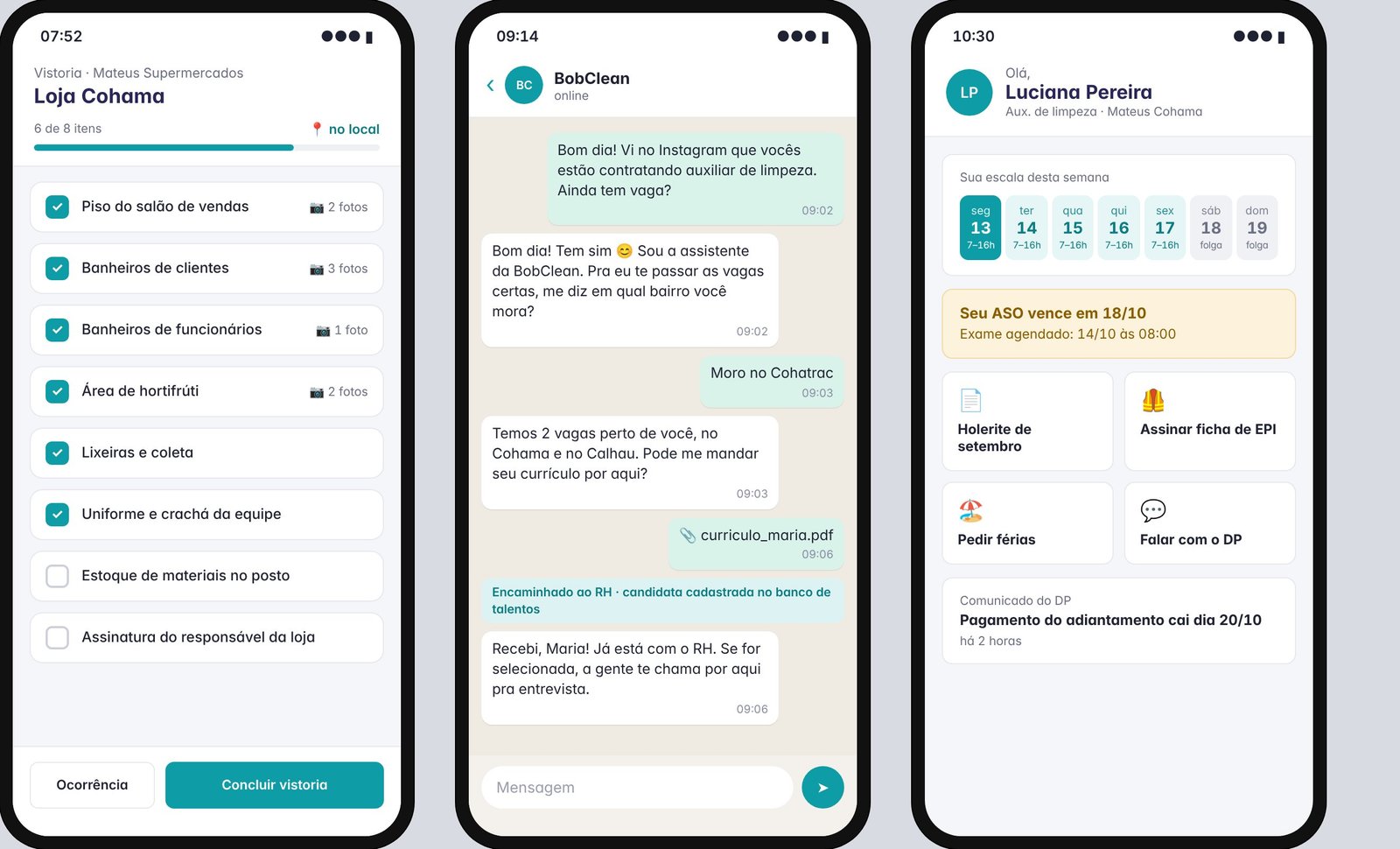 Telas de celular: vistoria, WhatsApp e área do colaborador
